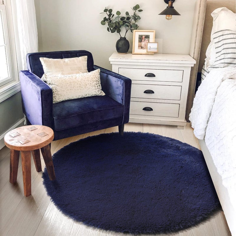 Amdrebio Dark Navy Round Rug 4Ft for Boys Room Bedroom, Fluffy Shag Fuzzy Plush Circle Area Rugs for Kids, Teens, Living Room Decor Aesthetic, Indigo Furry Cool Dark Blue Carpet for Dorm Baby Nursery - Image 3