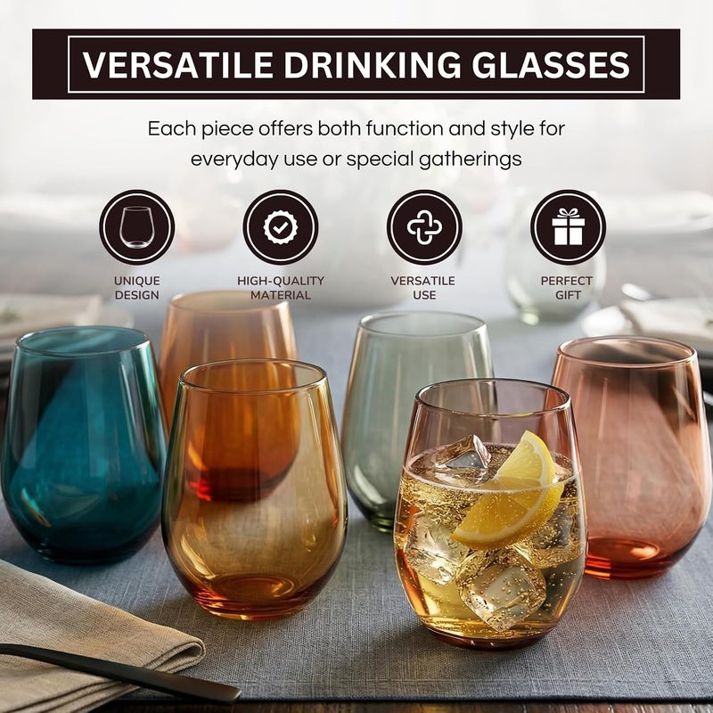 Khen European Style Shatterproof Tritan Stemless Wine Glasses, Acrylic Glass Drinkware, Unbreakable Colored, 6 - Set - BPA-free plastic, Reusable, Dishwasher Safe, All Purpose Glassware 15oz - (Muted) - Image 4