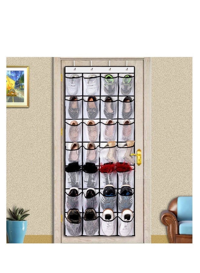 2 Pack Over The Door Shoes Organizer, Door Hanging Shoe Holder Rack Organizer Shoe Storage with 24 Durable Mesh Pockets, Works Well for Bedroom, Pantry, Dorm, White
