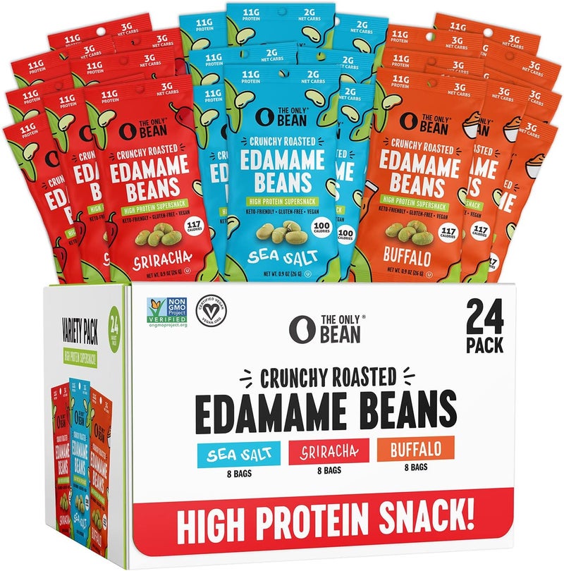 The Only Bean Crunchy Roasted Edamame Variety Pack - High Protein Vegan Snack (24 Pack, 0.9oz Each) - Sea Salt, Sriracha, Buffalo Flavors - Image 1