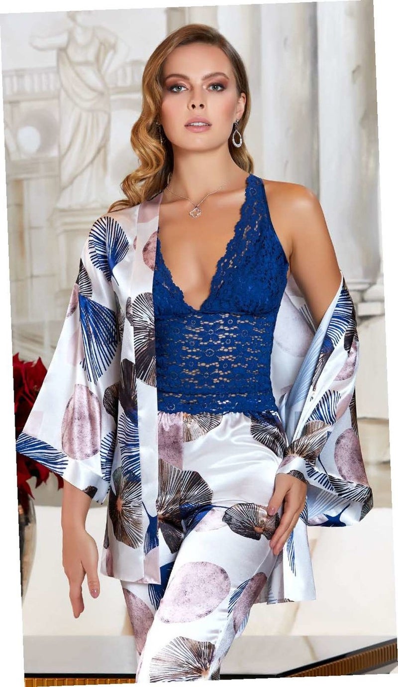 Jeremi 3090 Dowry Silk Satin Triple Bustier Pajamas Set - Navy Blue - Image 2