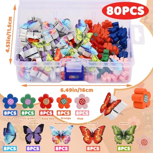 IMZAY 80 Pcs Push Pins for Cork Board, Decorative Thumb Tacks Wooden Push Pins Head Pin Wood Map Tacks Pin, Wood Thumb Tacks for Bulletin Boards Craft Projects with Storage Box-Flower and Butterfly - Image 2