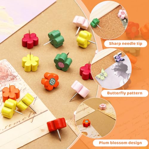 IMZAY 80 Pcs Push Pins for Cork Board, Decorative Thumb Tacks Wooden Push Pins Head Pin Wood Map Tacks Pin, Wood Thumb Tacks for Bulletin Boards Craft Projects with Storage Box-Flower and Butterfly - Image 4