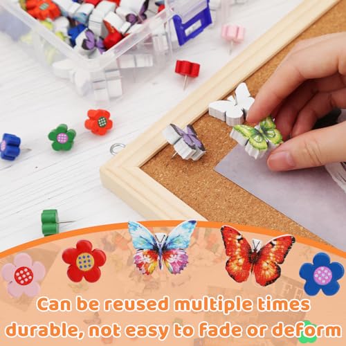 IMZAY 80 Pcs Push Pins for Cork Board, Decorative Thumb Tacks Wooden Push Pins Head Pin Wood Map Tacks Pin, Wood Thumb Tacks for Bulletin Boards Craft Projects with Storage Box-Flower and Butterfly - Image 5