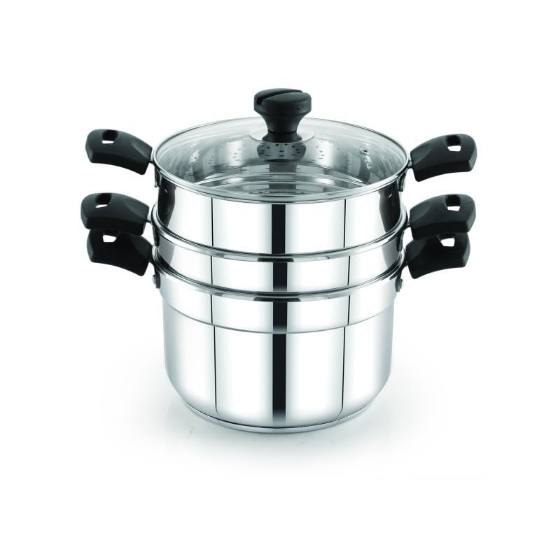 Praylady Triply Base Multi Purpose Cookpot 28 cm | 7.50 L | Triply S.S. | Glass Lid | Steamer & Strainer | W/O Idli Plates | Momos | Biryani | Cooks 1 Kg Rice | Heat-Resistant | Induction and Gas - Image 4