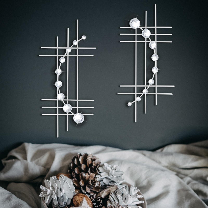 ZEXUIRU 2 Pack Silver Abstrac Wall Decor â€“ Metal Crystal Wall Art with Sparkling Rhinestones, 16.5â€™â€™/24 Inch Wall Hanging Set for Living Room Bedroom Bathroom â€“ Modern Bling Home Decorations - Image 1