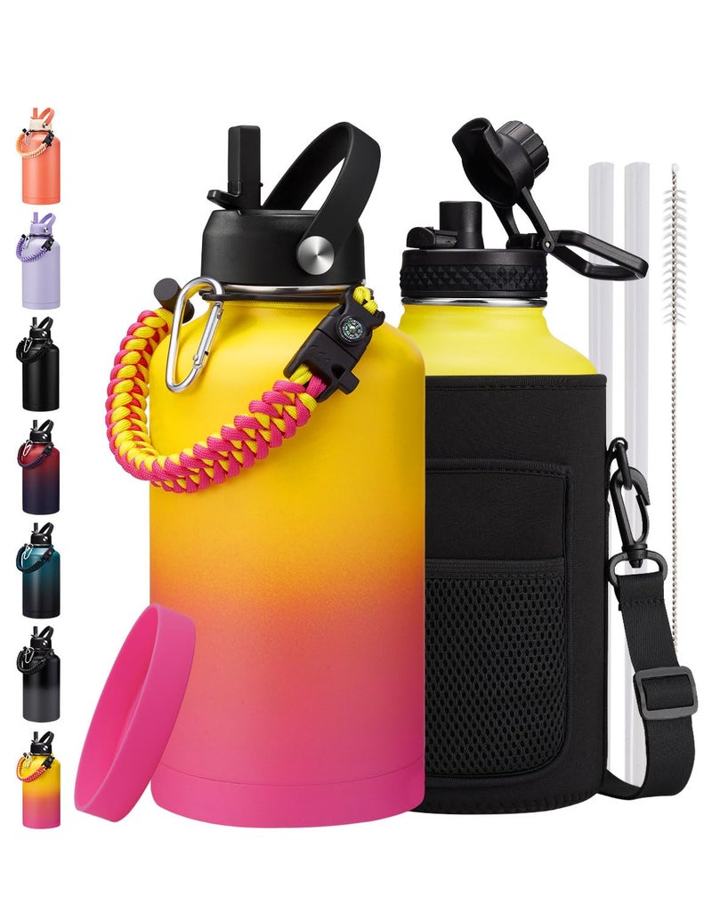 ICIOI 64oz/Half Gallon Insuated Water Bottle  (Keep Cold 48H)  Leak Proof Food-Grade Stainless Steel Water Jug With Straw Lid and Atuo Spout Lid  Portable Paracord Handle & Carrier Bag Yellow Rose-red - Image 1