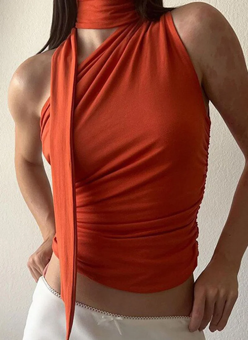 YUNIQEE Rust One Shoulder Sleeveless Solid Top