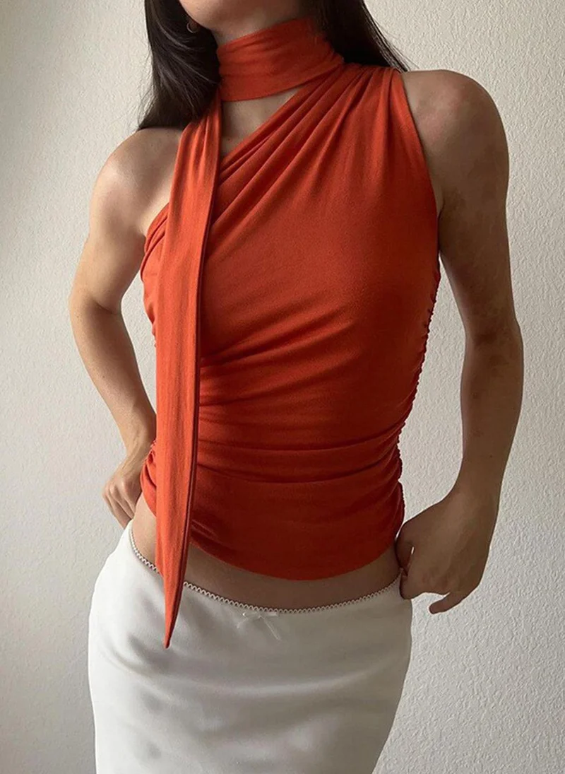 YUNIQEE Rust One Shoulder Sleeveless Solid Top