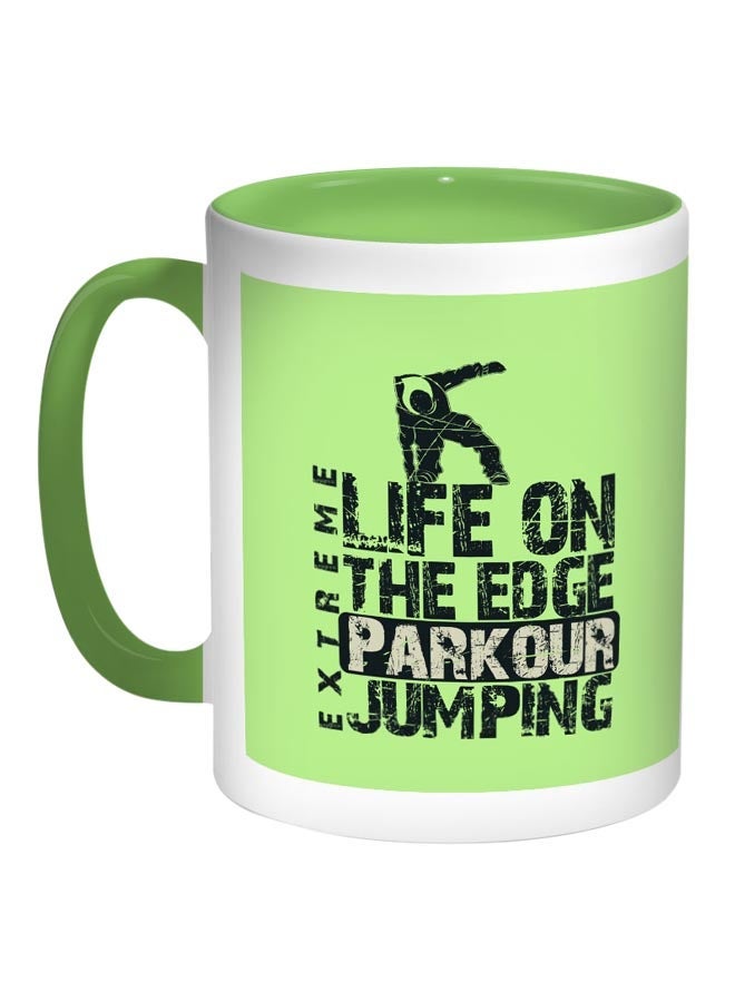 RYN Life On The Edge Parkour Jumpin Printed Coffee Mug Green/Black 11ounce