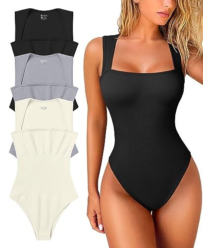 OQQ Women's 3 Piece Bodysuits Sexy Ribbed Strappy Square Neck Sleeveless Tummy Control Tank Tops Bodysuits Black Grey Beige - Image 1