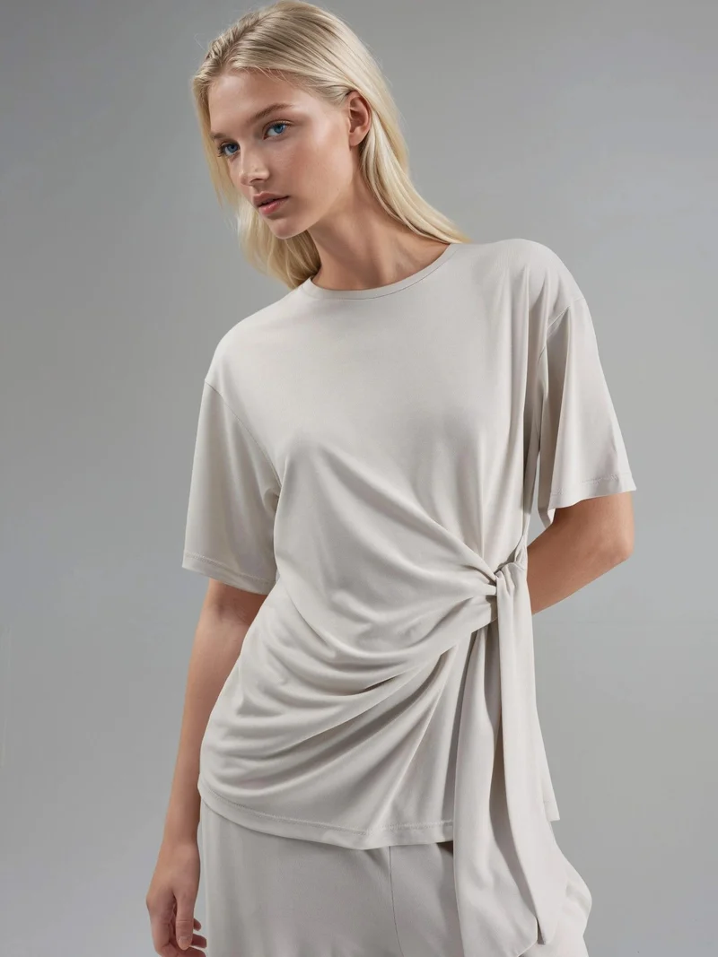 بوسيم BUSEM Loose Fit Crew Neck Modal Blouse with Tie Detail