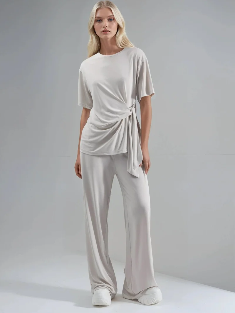 بوسيم BUSEM Loose Fit Crew Neck Modal Blouse with Tie Detail