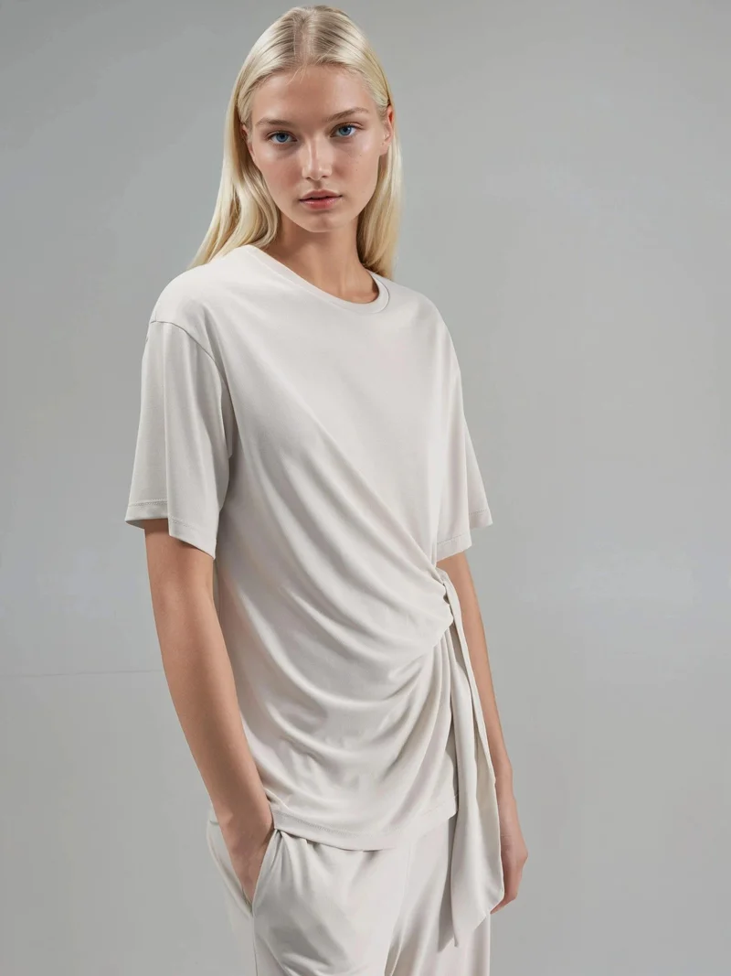 Busem Stone Natural BUSEM Loose Fit Crew Neck Modal Blouse with Tie Detail for Women | Best Price UAE