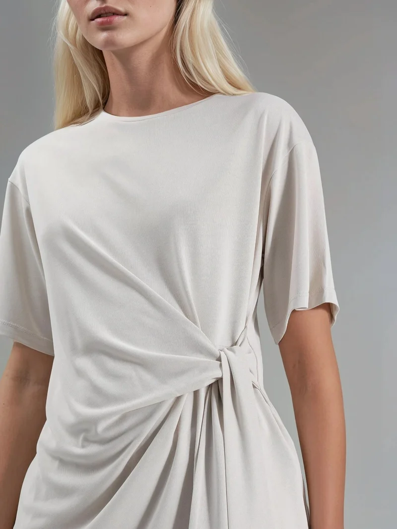 Busem Stone Natural BUSEM Loose Fit Crew Neck Modal Blouse with Tie Detail for Women | Best Price UAE
