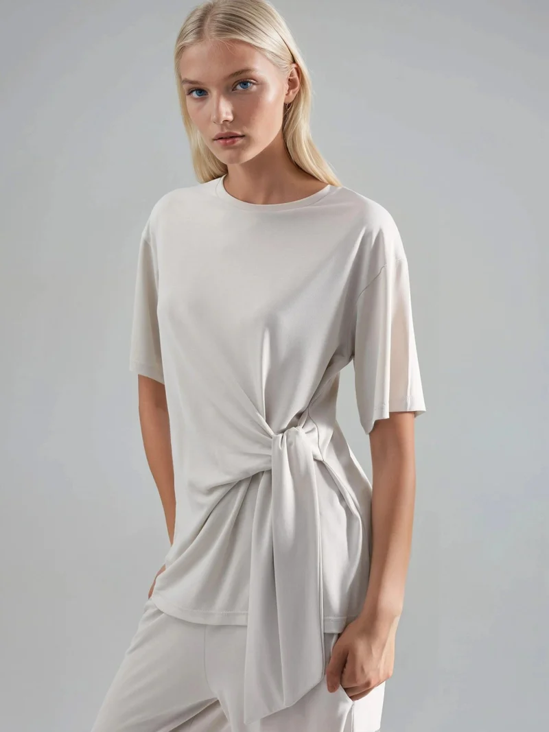 Busem Stone Natural BUSEM Loose Fit Crew Neck Modal Blouse with Tie Detail for Women | Best Price UAE