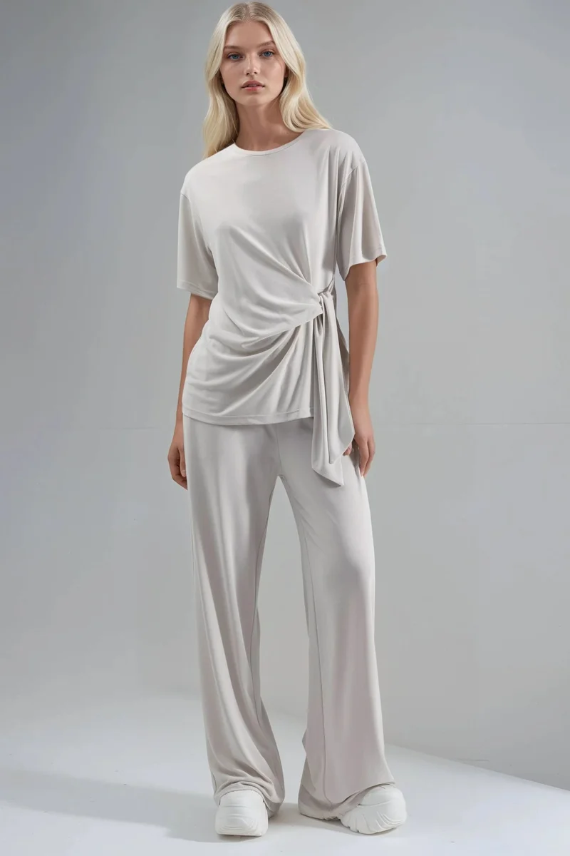 Busem BUSEM Loose Fit Crew Neck Modal Blouse with Tie Detail