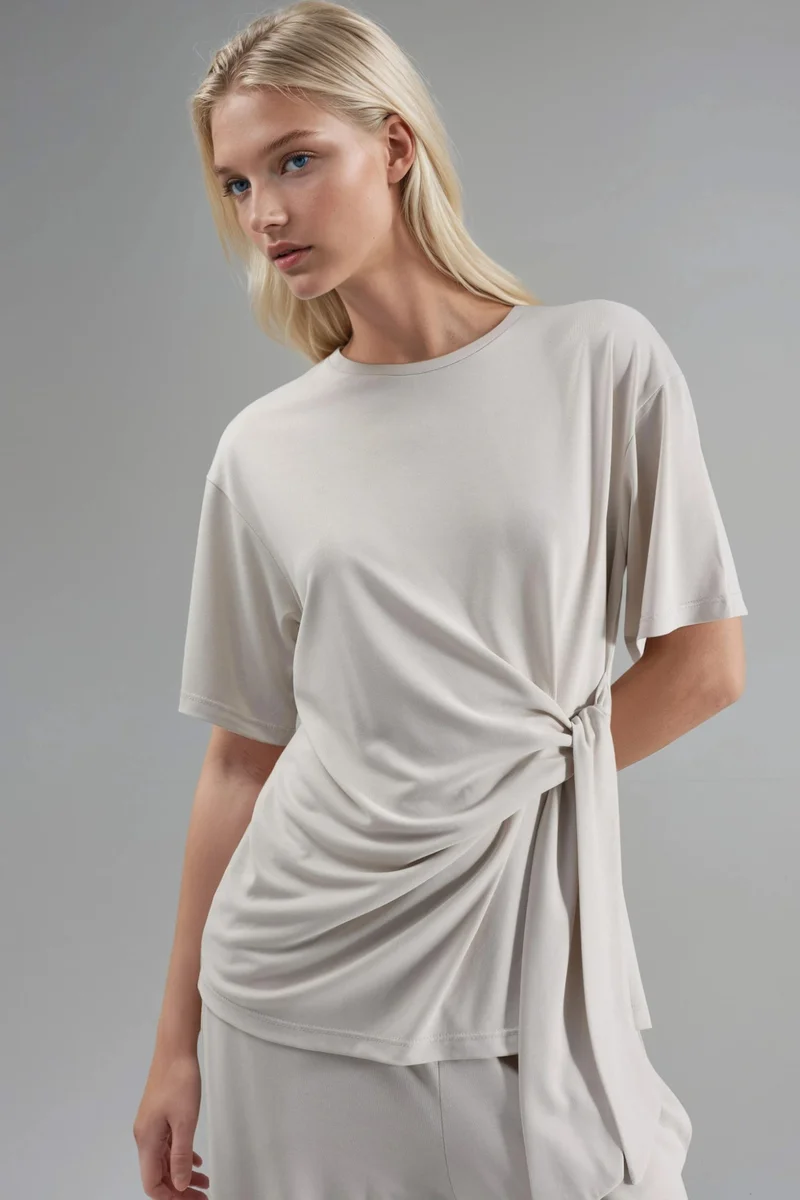 BUSEM Loose Fit Crew Neck Modal Blouse with Tie Detail