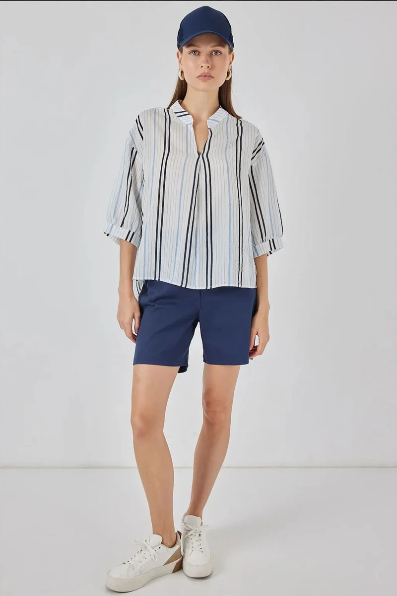 Big Dart Powder Blue BDART Striped V-Neck Blouse for Women | Best Price UAE