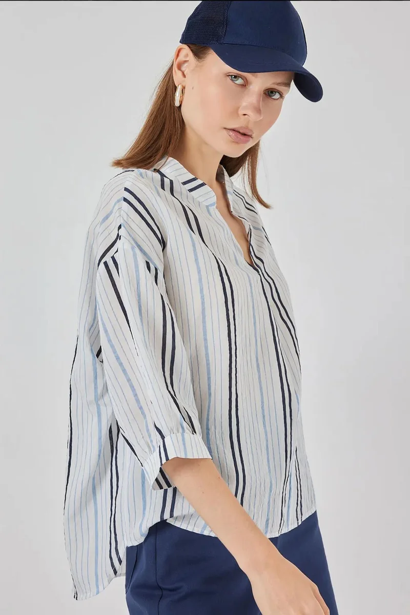 Big Dart Powder Blue BDART Striped V-Neck Blouse for Women | Best Price UAE