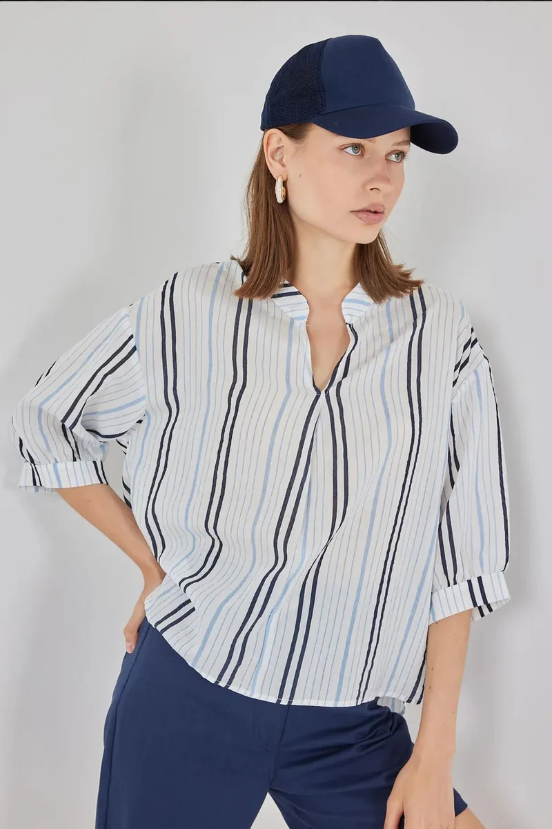 Big Dart Powder Blue BDART Striped V-Neck Blouse for Women | Best Price UAE