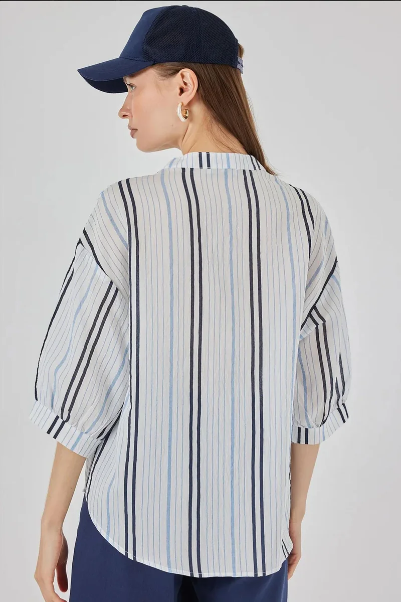 Big Dart Powder Blue BDART Striped V-Neck Blouse for Women | Best Price UAE