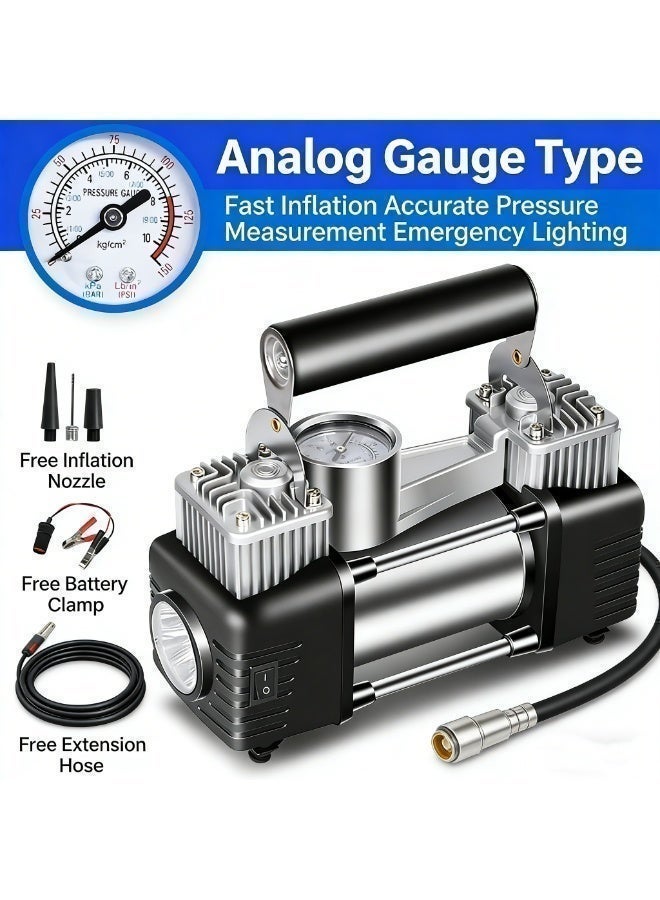 Air pumpHeavy Duty Dual Cylinder Tire Inflator 150 PSI – All-Metal Analog Gauge Air Compressor with 10-Piece Tool Kit, 3m Extension Hose, LED Light, Battery Clamps & 12V Plug – 2 Year Warranty for SUV Truck Car - Image 4