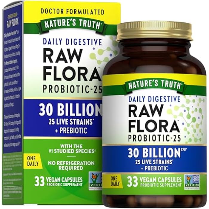 Nature's Truth Raw Flora Probiotics with Prebiotics | 30 Billion CFU | 33 Daily Digestive Capsules | Vegan, Non-GMO & Gluten Free Supplement for Women and Men - Image 1