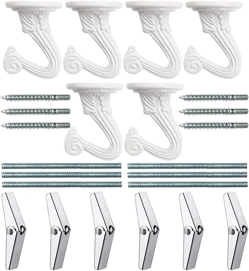 Odowalker 6 Sets Ceiling Hooks White Heavy Duty Swag Hooks with Steel Screws Bolts and Toggle Wings for Hanging Plants Ceiling Installation Cavity Wall Fixing - Image 1