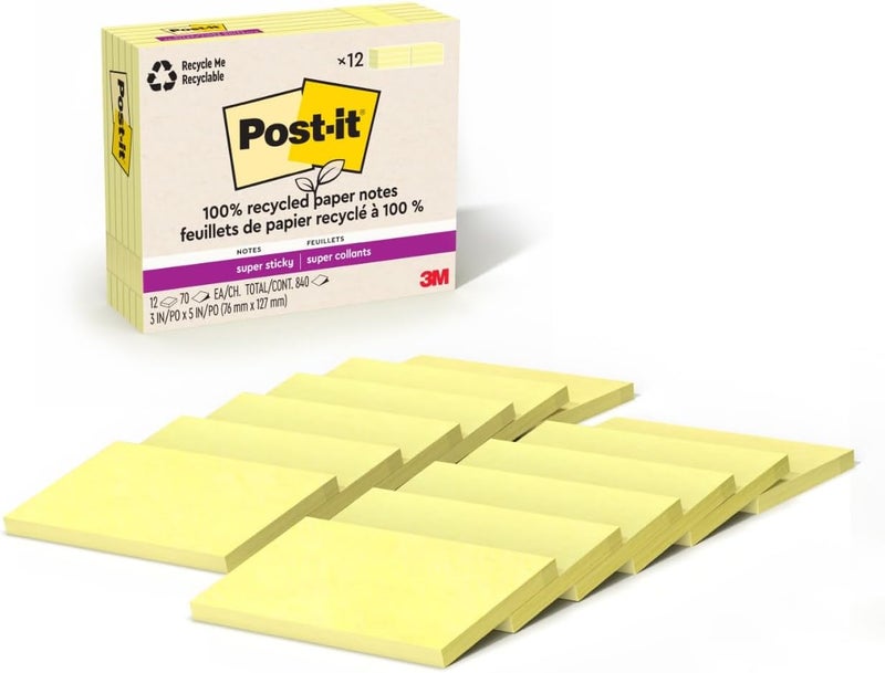 Post It 100% Recycled Paper Super Sticky Notes, Canary Yellow, 3 in. x 5 in., 12 Sticky Note Pads, 70 Sheets per Pad, School Supplies and Office Products - Image 1