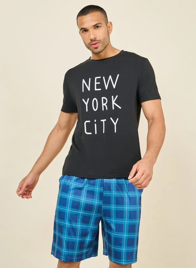 ستايلي New York City Print Crew Neck T-shirt and Checkered Short Set
