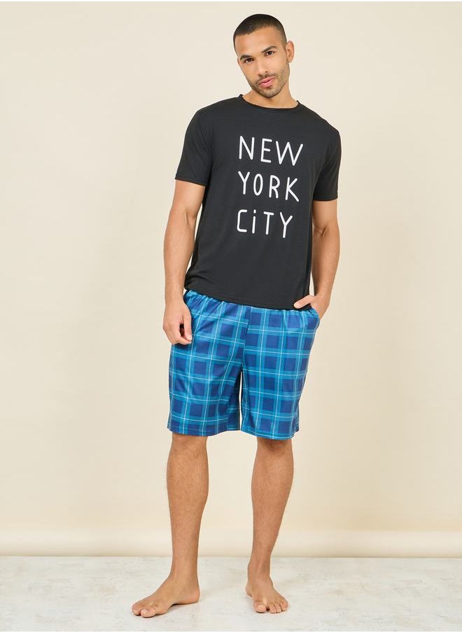 Styli - New York City Print Crew Neck T-shirt and Checkered Short Set - Image 1