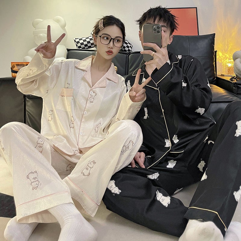 Couple Pajamas Women'S Ice Silk Long Sleeve Thin Men'S Jacquard Plus Size Plus Size Real Silk Home Wear Suit - Image 2