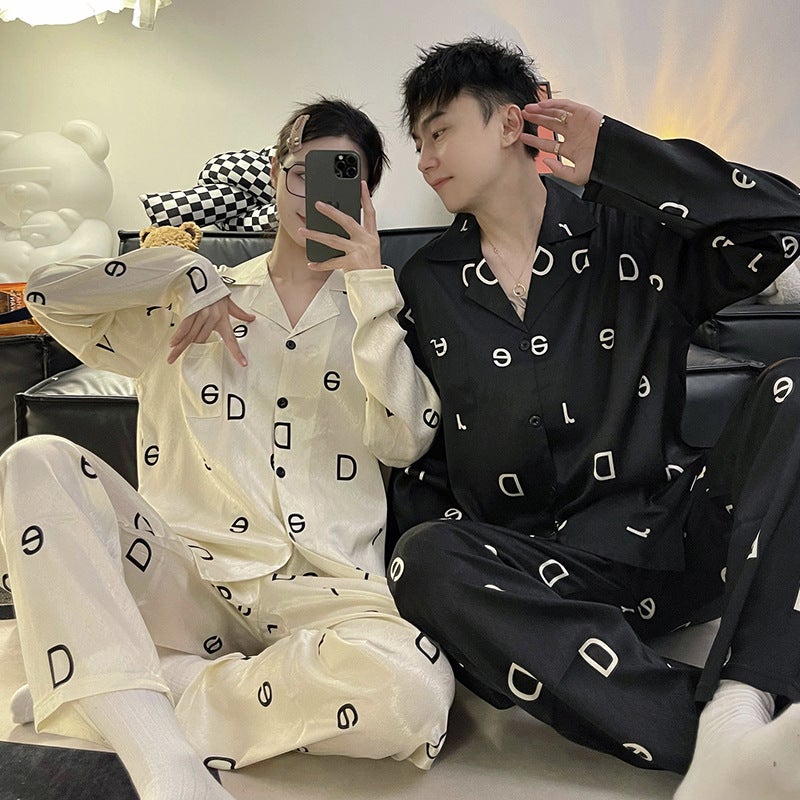 Couple Pajamas Women'S Ice Silk Long Sleeve Thin Men'S Jacquard Plus Size Plus Size Real Silk Home Wear Suit - Image 5