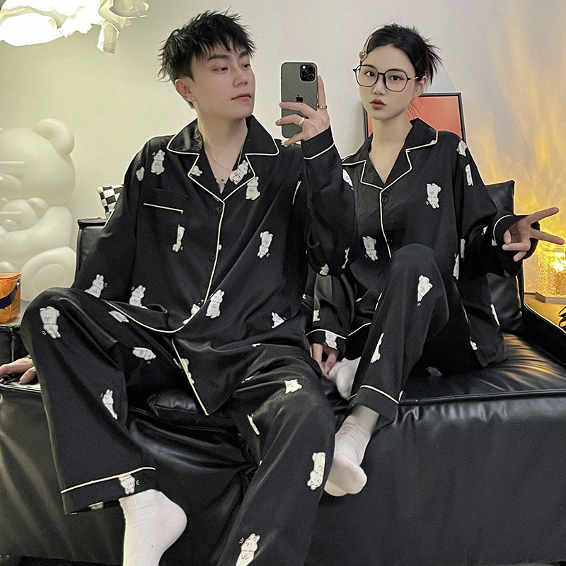 Couple Pajamas Women'S Ice Silk Long Sleeve Thin Men'S Jacquard Plus Size Plus Size Real Silk Home Wear Suit - Image 3