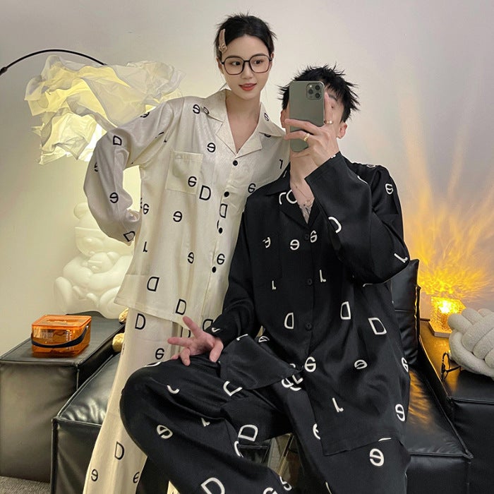 Couple Pajamas Women'S Ice Silk Long Sleeve Thin Men'S Jacquard Plus Size Plus Size Real Silk Home Wear Suit - Image 1