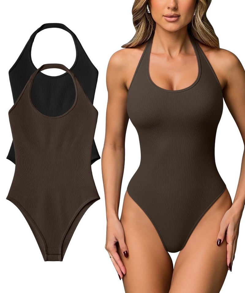 OQQ Women Halter Neck Bodysuits 2 Pack Sleeveless Shapewear One Piece Leotard Shirt Going Out Tops Black Darkbrown - Image 1