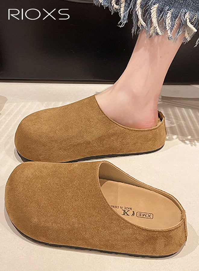 RIOXS Women's Thick Soled Suede Clogs, Slip On Cork Footbed Mules for Ladies, Comfortable Lightweight Arch Support Mules, Slip On Potato Shoes Sandals Slippers for Nurse Work Outdoor Travel, Brown - Image 4