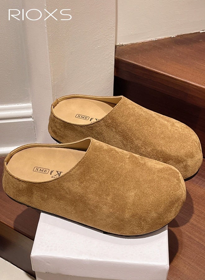 RIOXS Women's Thick Soled Suede Clogs, Slip On Cork Footbed Mules for Ladies, Comfortable Lightweight Arch Support Mules, Slip On Potato Shoes Sandals Slippers for Nurse Work Outdoor Travel, Brown - Image 3