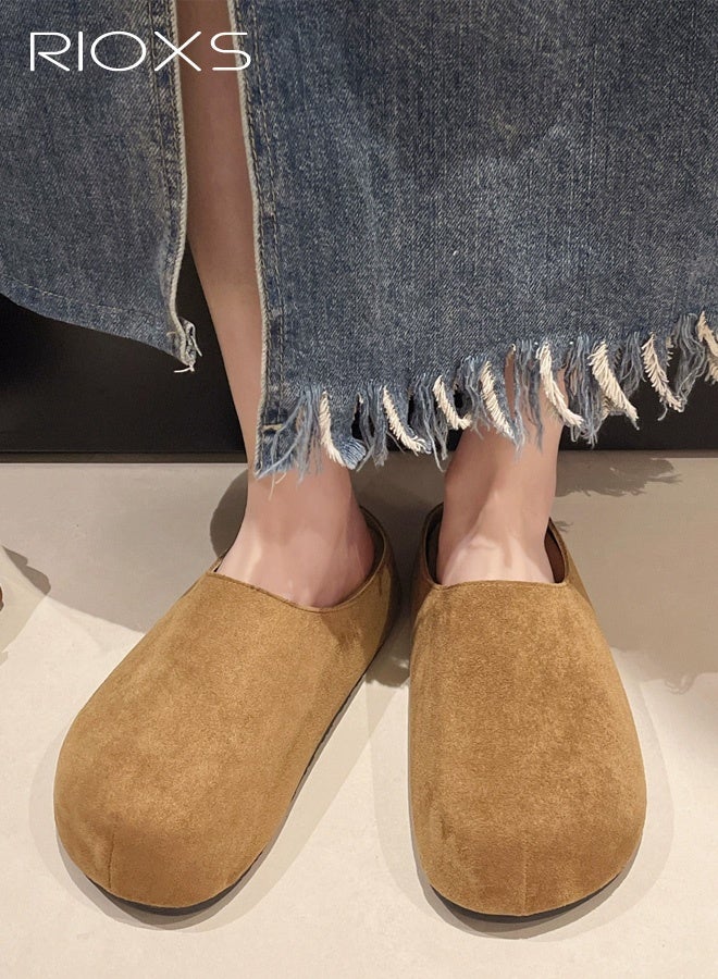 RIOXS Women's Thick Soled Suede Clogs, Slip On Cork Footbed Mules for Ladies, Comfortable Lightweight Arch Support Mules, Slip On Potato Shoes Sandals Slippers for Nurse Work Outdoor Travel, Brown - Image 1