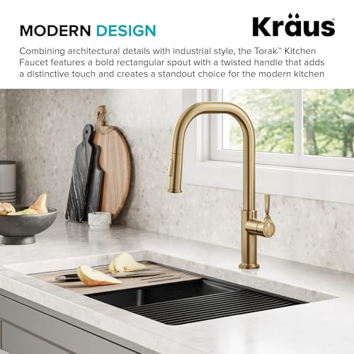 KRAUS Torak Pull Down Kitchen Faucet in SpotFree Brushed Brass with 2 Function Sprayer PreAttached Water Lines and Mounting Hardware KPF2841SFBB - Image 3