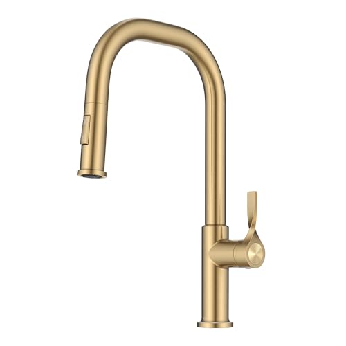 KRAUS Torak Pull Down Kitchen Faucet in SpotFree Brushed Brass with 2 Function Sprayer PreAttached Water Lines and Mounting Hardware KPF2841SFBB - Image 1