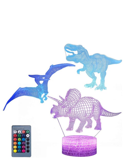 3D Dinosaur Night Light - 3D Led Illusion Lamp Three Pattern and 16 Colors Change Decor Lamp with Remote Control for Kids, Dinosaur Gifts for Children,3Pack