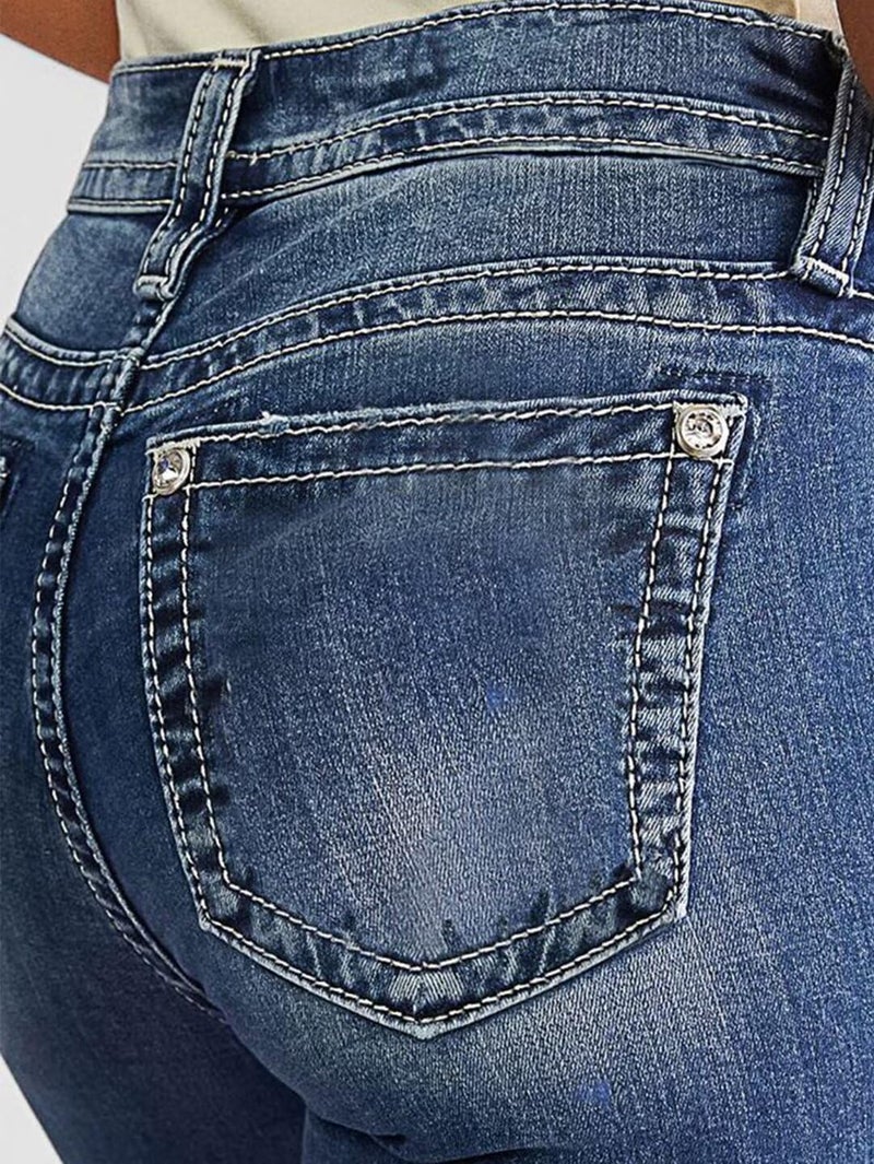 Flamingals Women's Butt Lifting Skinny Leg Jeans Stretchy Tummy Control Mid Rise Denim Jeans Deep Blue Denim L - Image 5