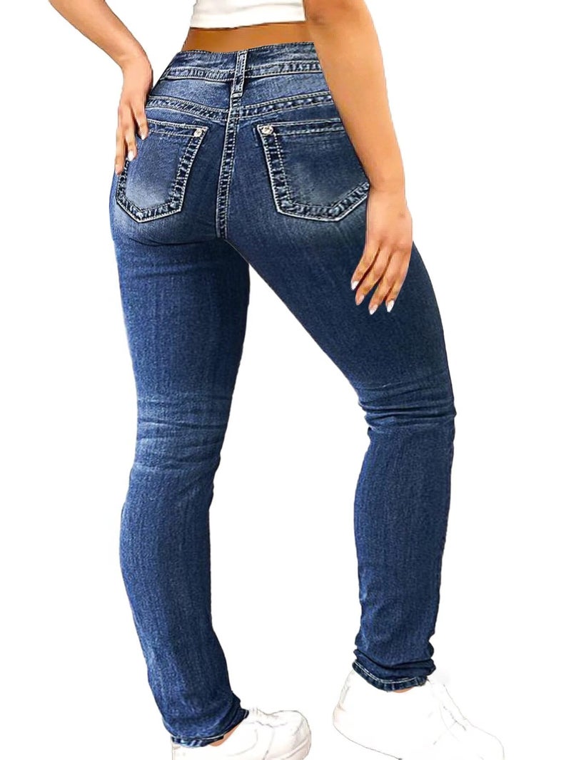Flamingals Women's Butt Lifting Skinny Leg Jeans Stretchy Tummy Control Mid Rise Denim Jeans Deep Blue Denim L - Image 1