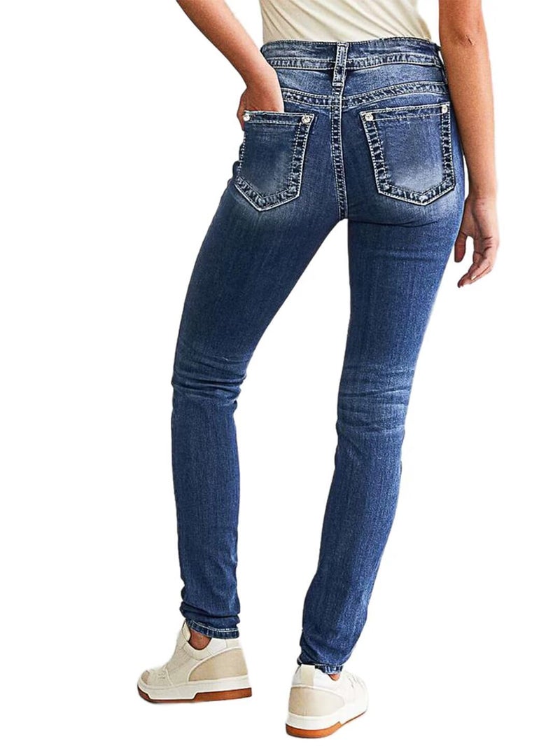 Flamingals Women's Butt Lifting Skinny Leg Jeans Stretchy Tummy Control Mid Rise Denim Jeans Deep Blue Denim L - Image 3