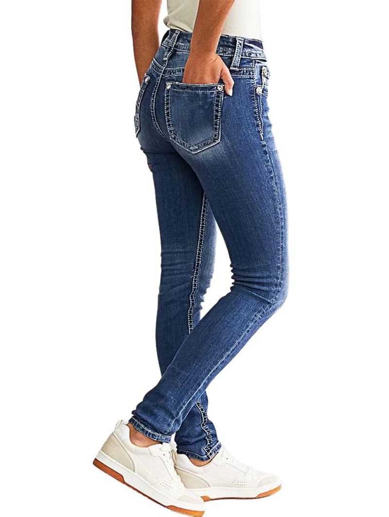 Flamingals Women's Butt Lifting Skinny Leg Jeans Stretchy Tummy Control Mid Rise Denim Jeans Deep Blue Denim L - Image 2
