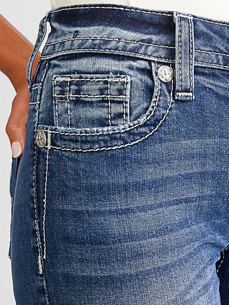 Flamingals Women's Butt Lifting Skinny Leg Jeans Stretchy Tummy Control Mid Rise Denim Jeans Deep Blue Denim L - Image 4