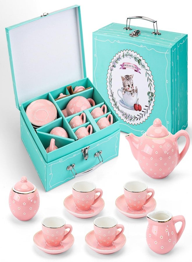 CHENP.HMC Tea Party Set for Little Girls, 13 Piece Sets Kids Tin Tea Party with Cups, Saucers, Plates & Serving Trays, Girls Birthday Gift (Pastel Polka Dots) - Image 1