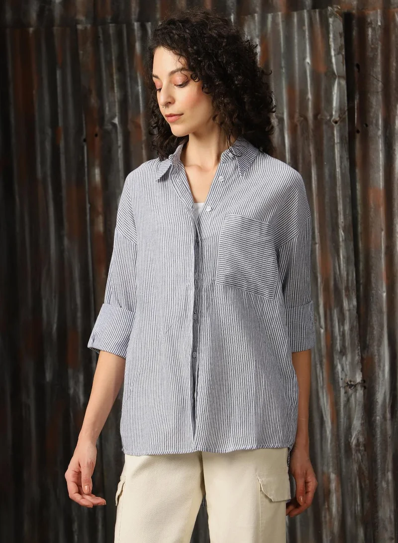 هاي ستار Women's Blue 100% Cotton Solid Button Down Oversized Shirt